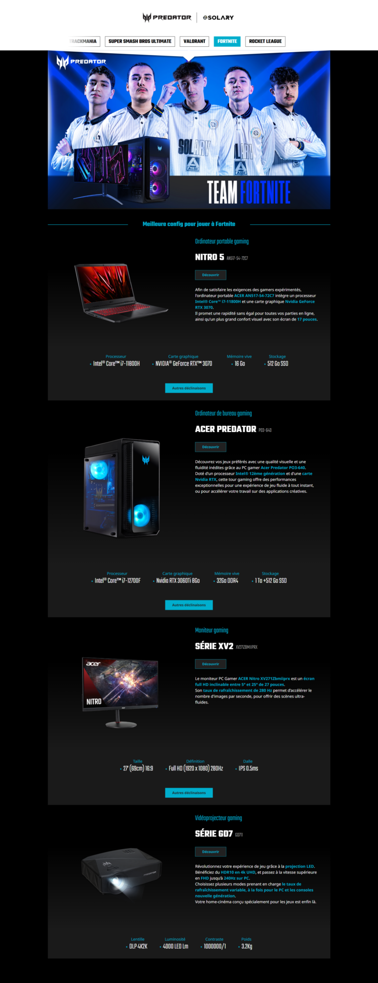 Maquette graphique site shop in shop Acer Predator Solary