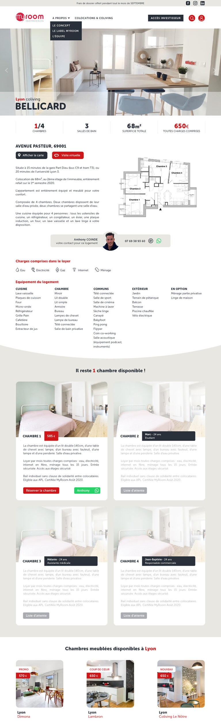 Refonte du site MyRoom, proposant des résidences en colocation meublée & coliving dans les grandes villes de France. Design graphique des pages et réflexion sur le parcours de réservation.