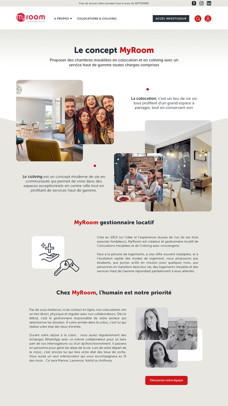 Refonte du site MyRoom, proposant des résidences en colocation meublée & coliving dans les grandes villes de France. Design graphique des pages et réflexion sur le parcours de réservation.